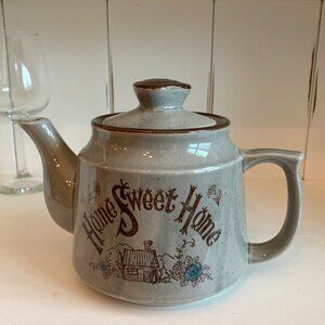 Vintage 1970s Gray Stoneware Japan Brown Speckled "Home Sweet Home" 4 cup Teapot
